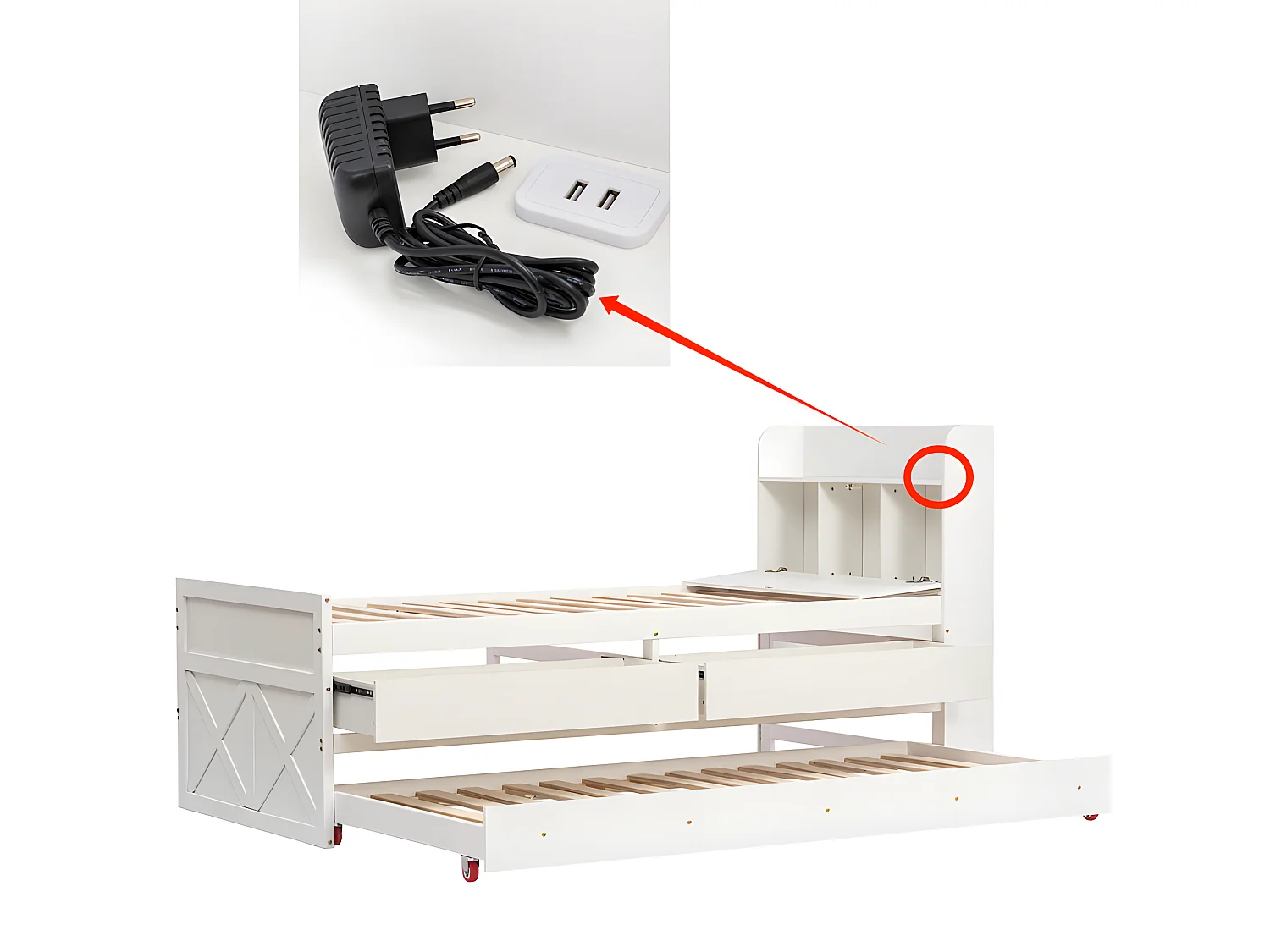 Letto estraibile in legno massello - 90x190 cm - con 2 cassetti e porta di ricarica USB sul ripiano - Bianco