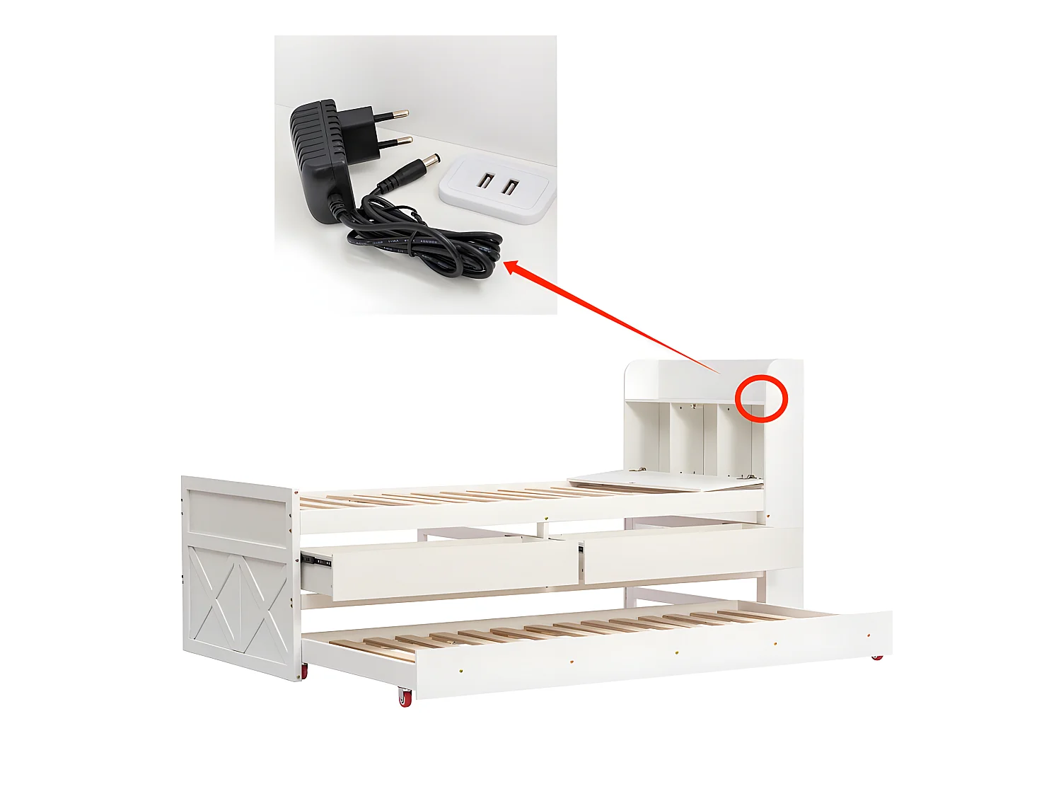 Cama nido de madera maciza - 90x190cm - con 2 cajones y puerto de carga USB en el estante - Blanco