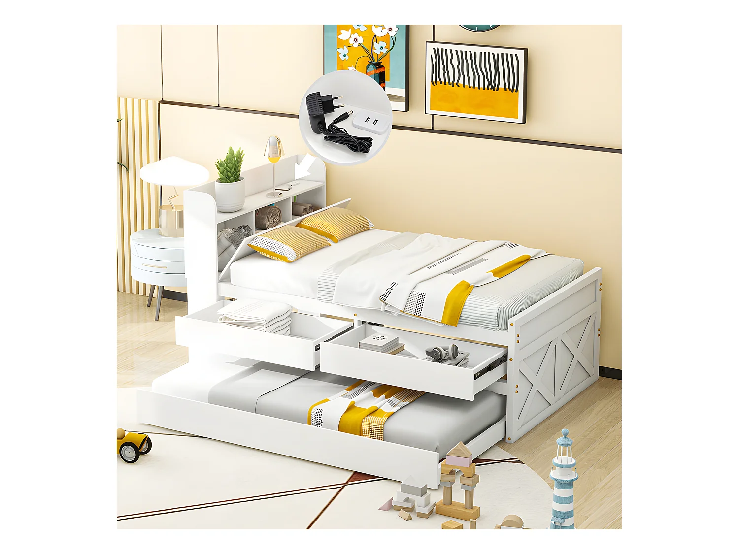 Cama nido de madera maciza - 90x190cm - con 2 cajones y puerto de carga USB en el estante - Blanco