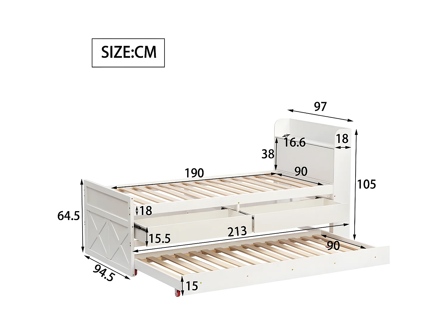 Cama nido de madera maciza - 90x190cm - con 2 cajones y puerto de carga USB en el estante - Blanco