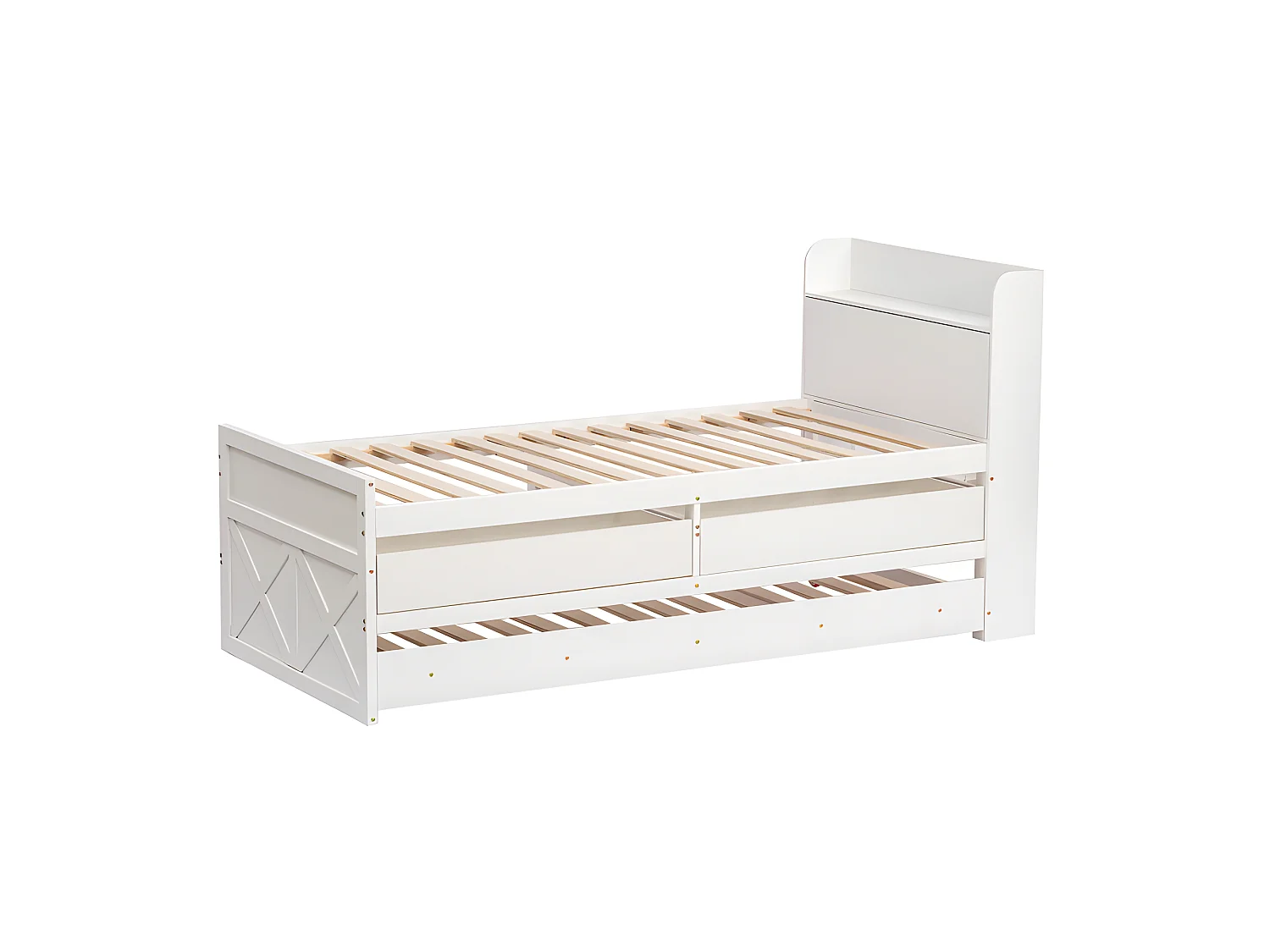 Lit gigogne en bois massif - 90x190cm - avec 2 tiroirs et Port de charge USB sur l'étagère - Blanc