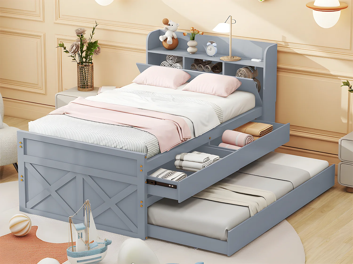 Massief houten onderschuifbed - 90x190cm - met 2 lades en USB-oplaadpoort op de plank - Grijs