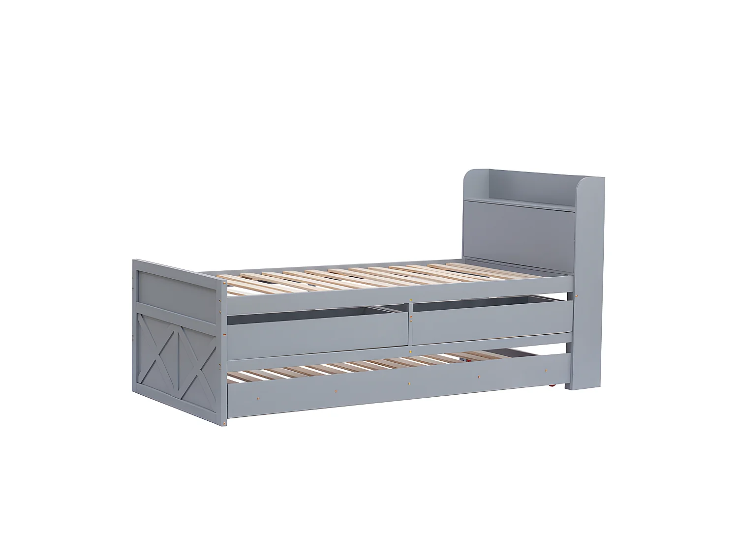 Massief houten onderschuifbed - 90x190cm - met 2 lades en USB-oplaadpoort op de plank - Grijs