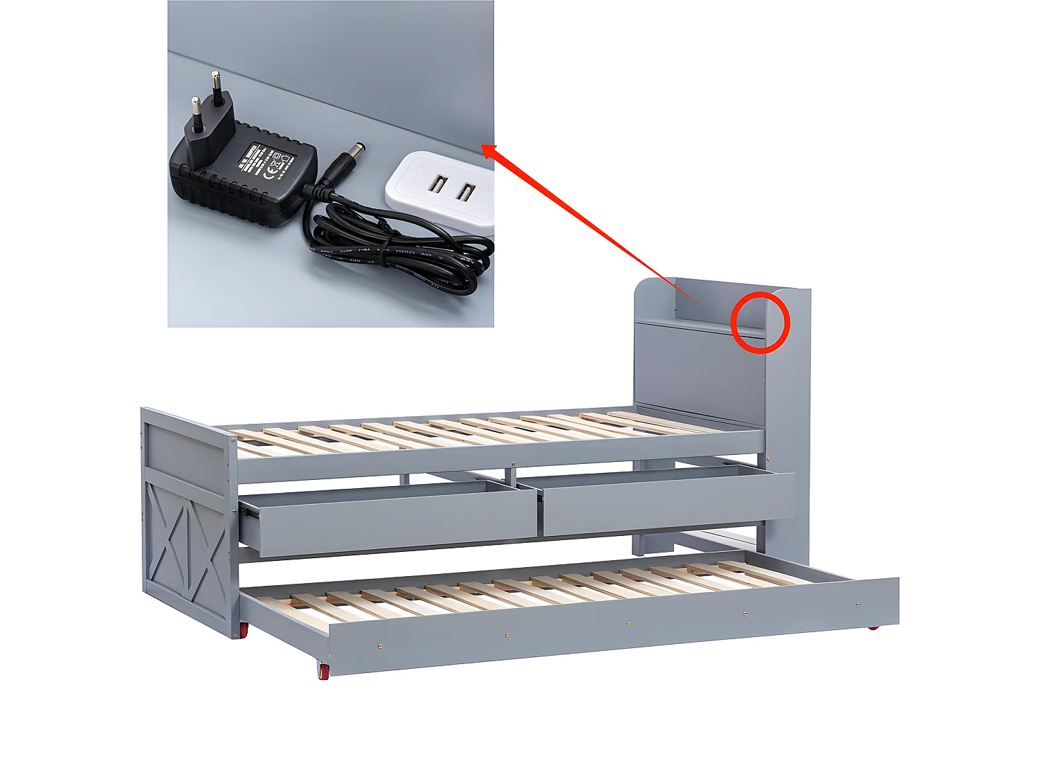 Massief houten onderschuifbed - 90x190cm - met 2 lades en USB-oplaadpoort op de plank - Grijs