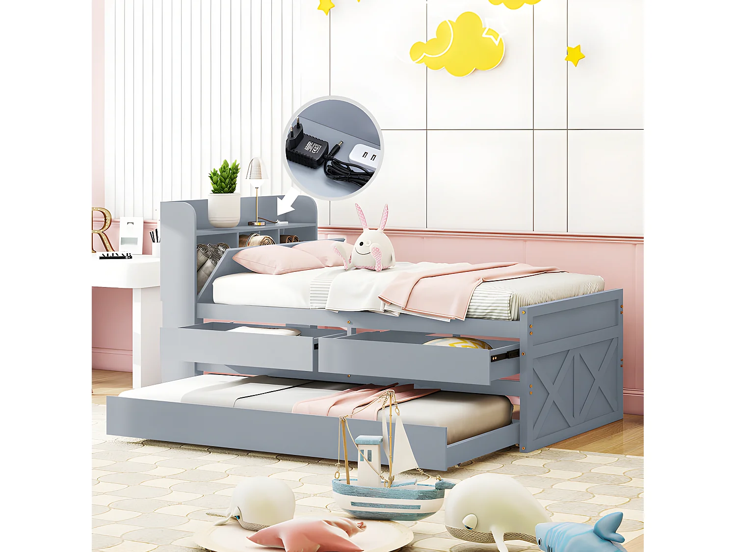 Letto estraibile in legno massello - 90x190 cm - con 2 cassetti e porta di ricarica USB sul ripiano - Grigio