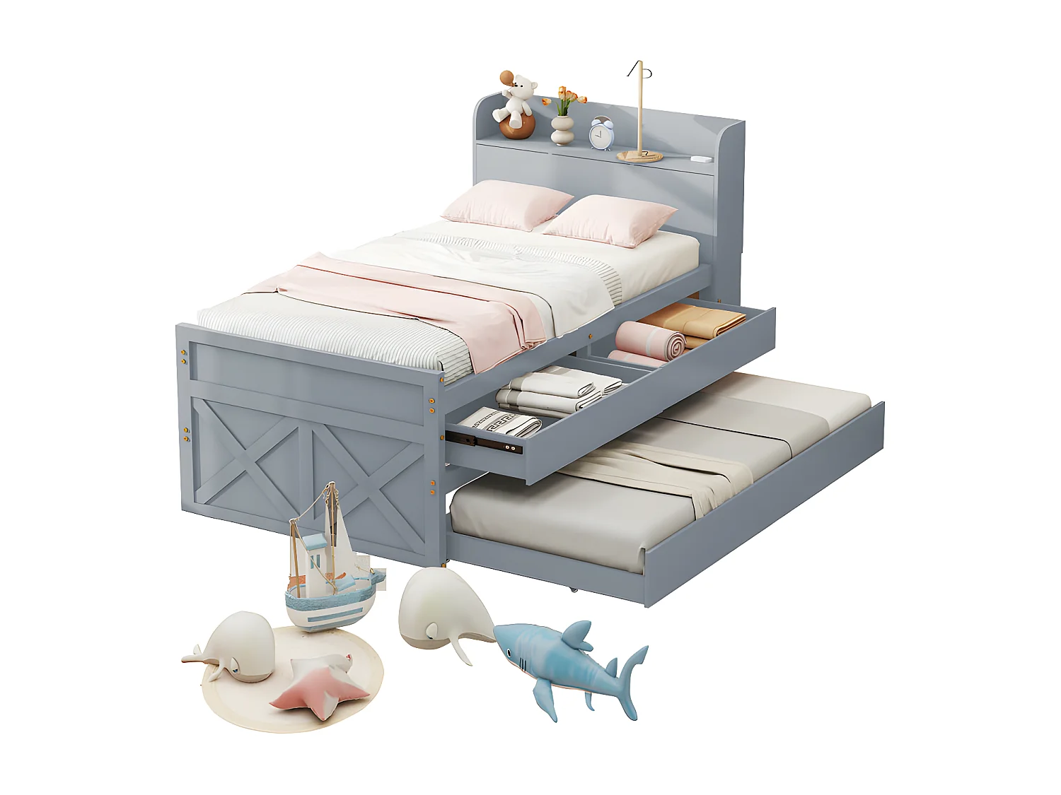 Letto estraibile in legno massello - 90x190 cm - con 2 cassetti e porta di ricarica USB sul ripiano - Grigio