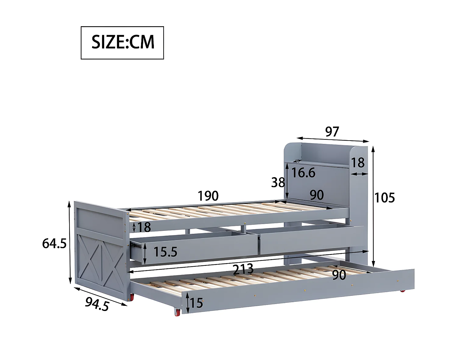 Letto estraibile in legno massello - 90x190 cm - con 2 cassetti e porta di ricarica USB sul ripiano - Grigio