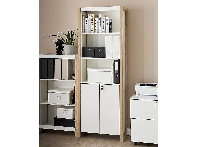 Regal heller Holzfarbton / weiß 5 Fächer 2 Türen abschließbar für Büro Johnson