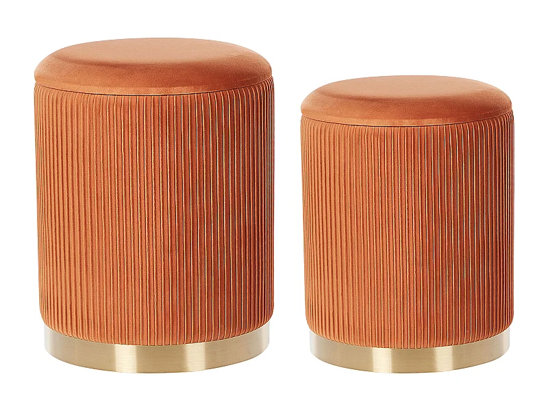 Runder Pouf im 2er Set aus Samt orange Ottoman Sitzpouf Rillen-Optik Miramar