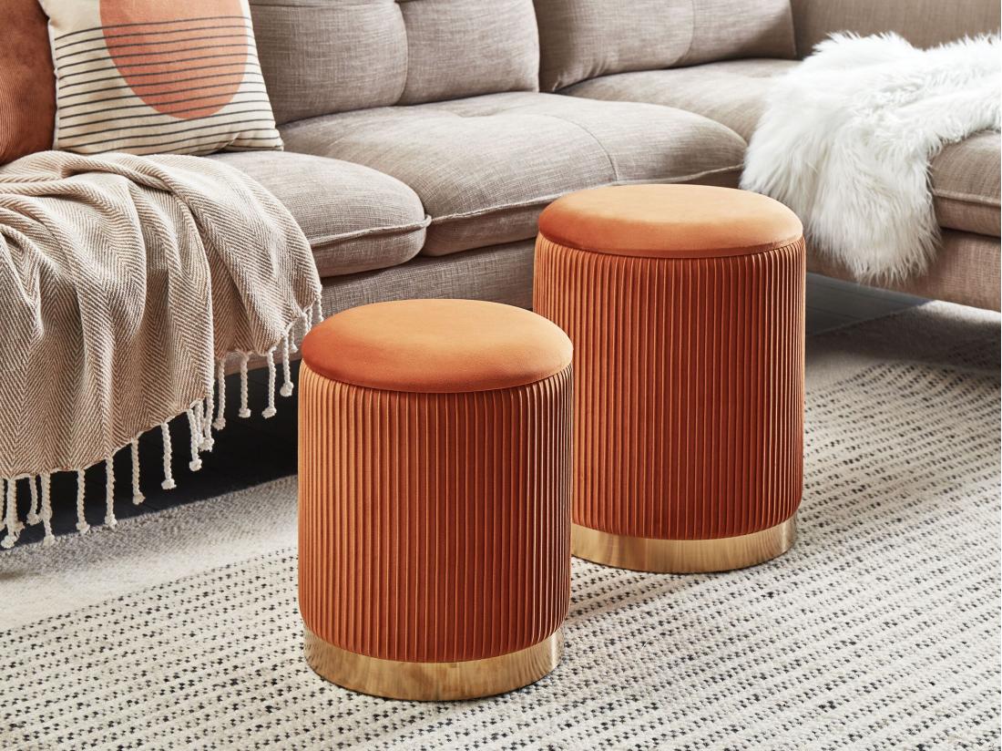 vente unique Set de 2 poufs en velours orange avec rangement MIRAMAR