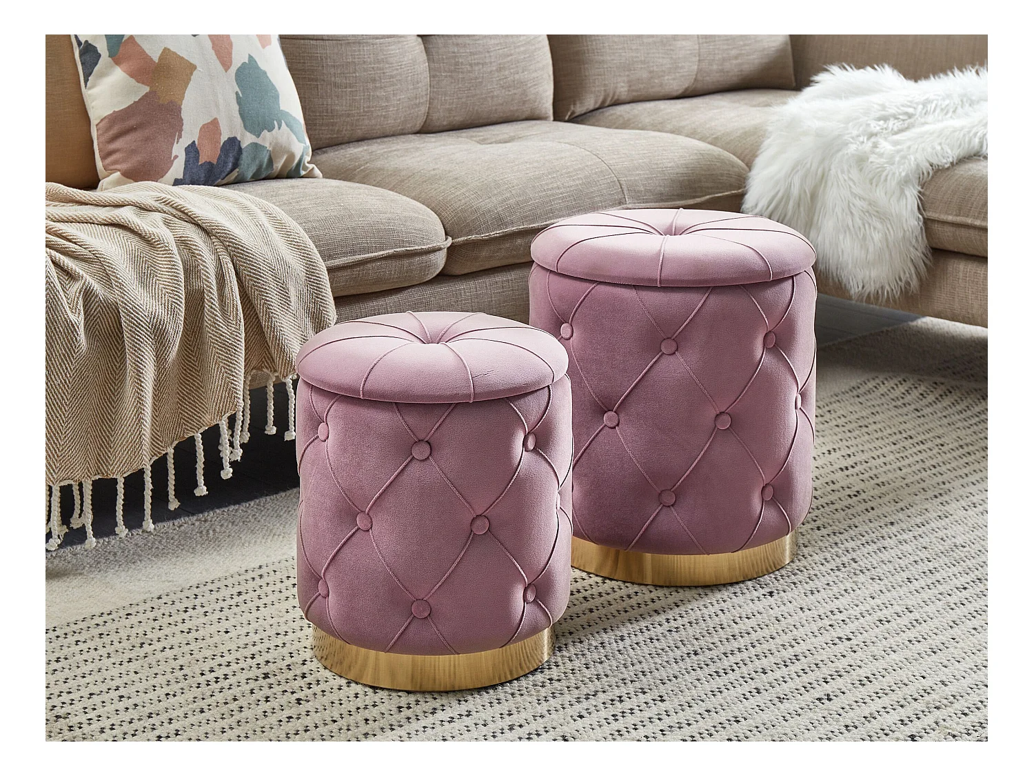 Set van 2 opbergpoefs PUEBLO Fluweel Roze 40/33 cm 40/33 cm 44/36 cm