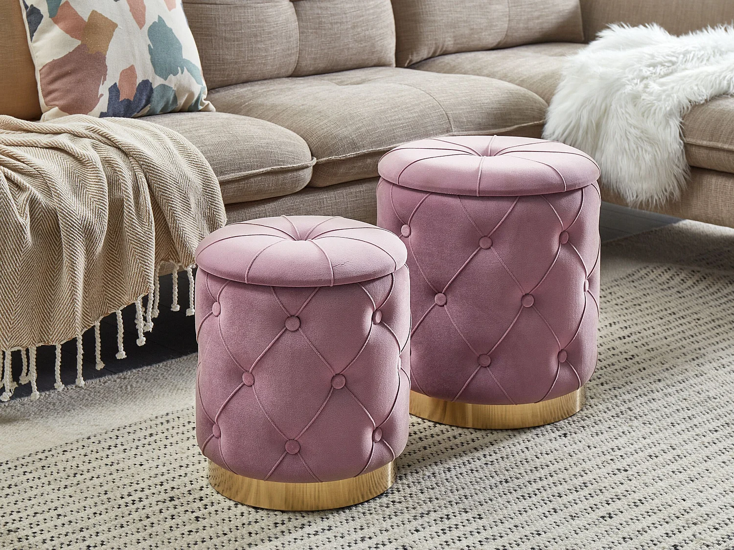 Lot de 2 poufs avec rangement PUEBLO Velours Rose 40/33 cm 40/33 cm 44/36 cm