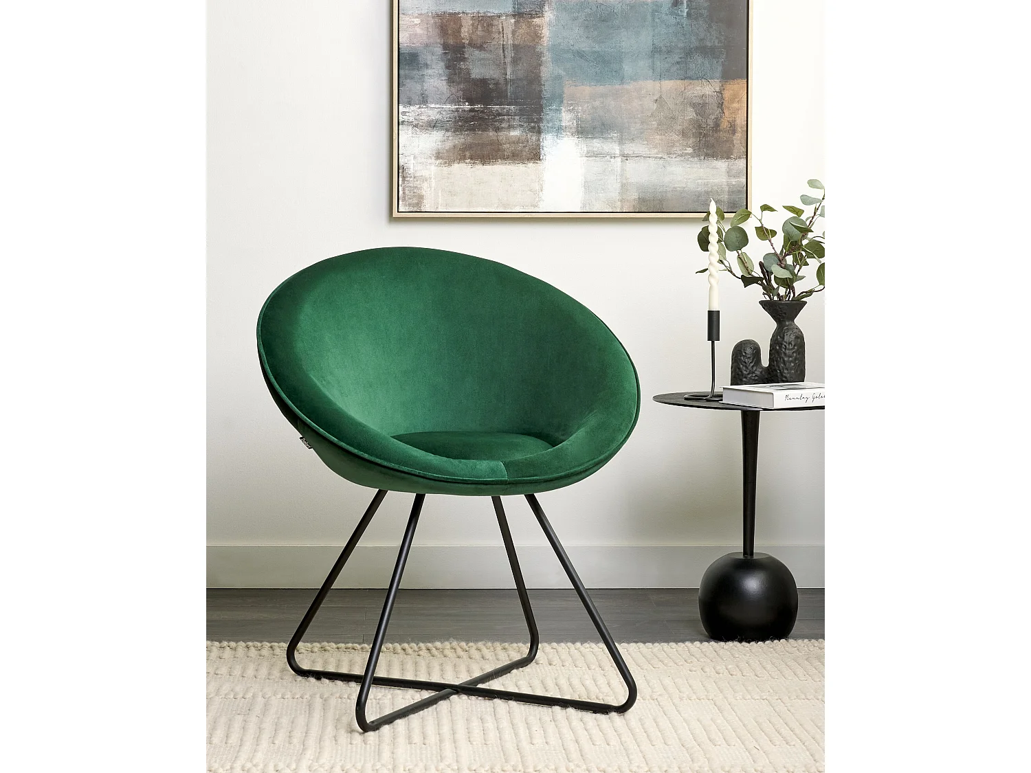 Sessel rund Samtstoff grün mit Kufengestell Metall schwarz Retro-Design Floby II