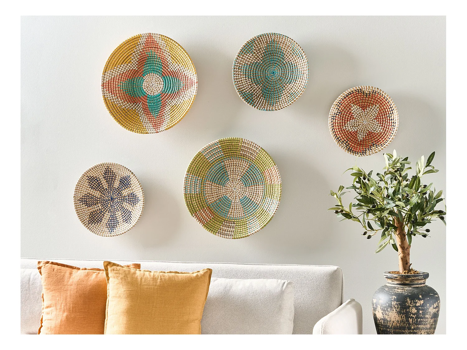 Wanddeko Seegras bunt geflochten Wandkörbe 5er Set Kreise Boho Sonla