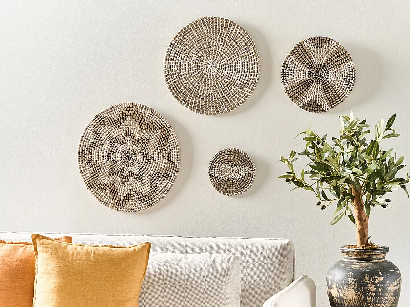 Wanddeko Seegras natürlich/beige geflochten Wandkörbe 4er Set Kreise Boho Laocai