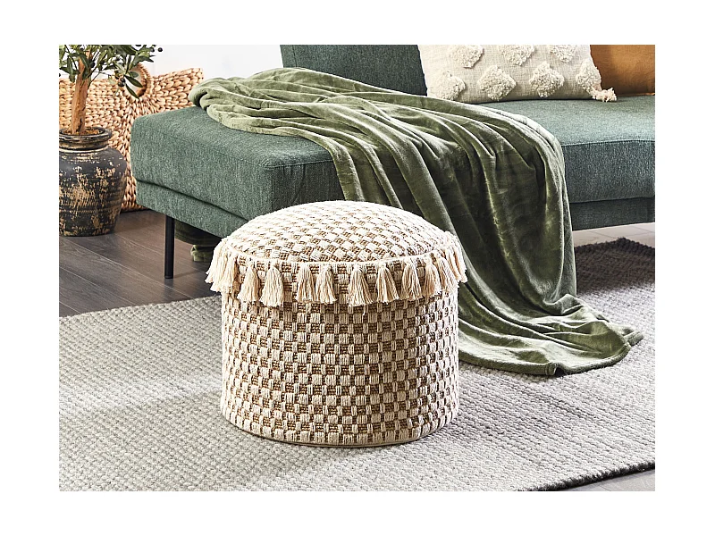 Boho Handgewebt Runde Pouf Ottomane Seegras Baumwolle 50 cm Natural Beige Pirak