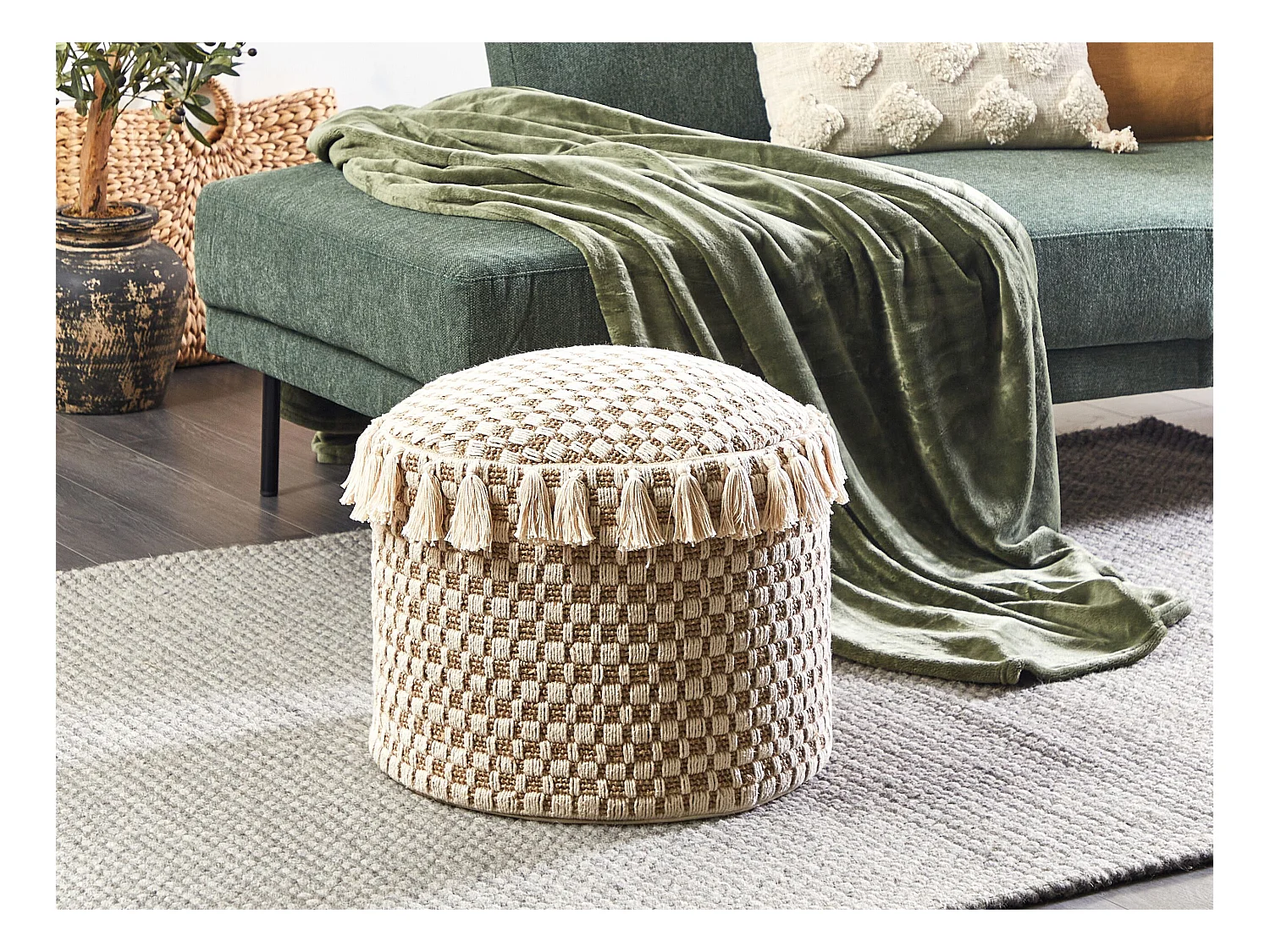 Boho Handgewebt Runde Pouf Ottomane Seegras Baumwolle 50 cm Natural Beige Pirak