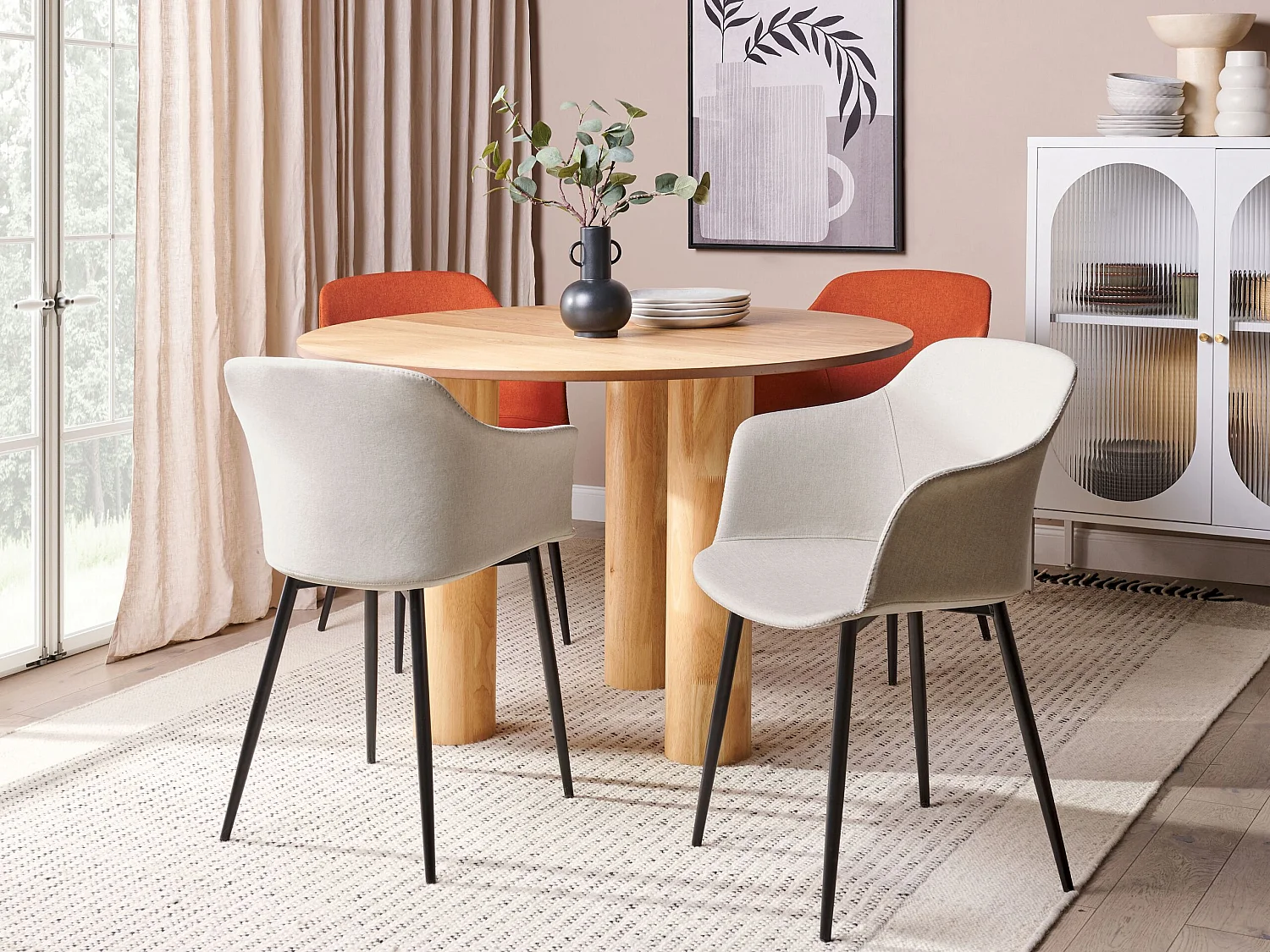 Esszimmerstuhl 2er Set Stoffbezug beige Metallbeine schwarz Retro-Stil Elim