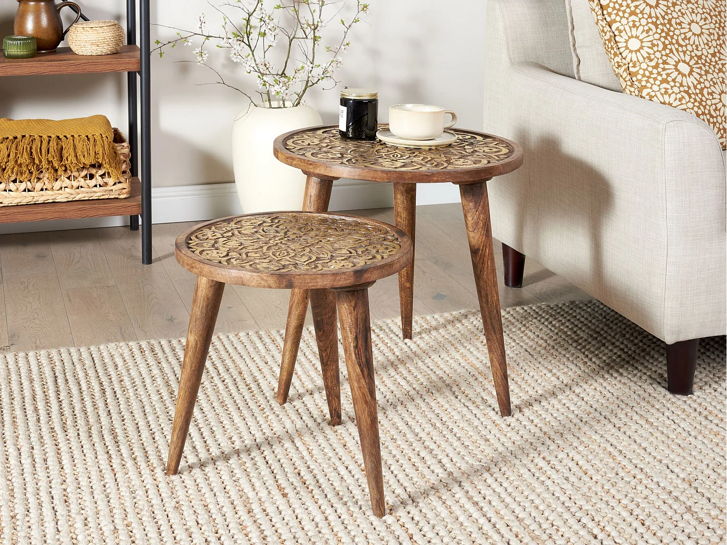 Lot de 2 tables d'appoint RANJA Bois de manguier Marron foncé