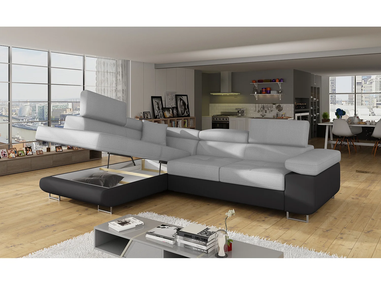 Canapé angle convertible simili cuir et tissu têtières relevables - Collection Marka-Couleur Noir/Gris clair-angle gauche