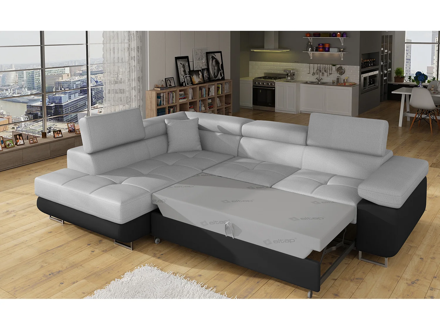 Canapé angle convertible simili cuir et tissu têtières relevables - Collection Marka-Couleur Noir/Gris clair-angle gauche