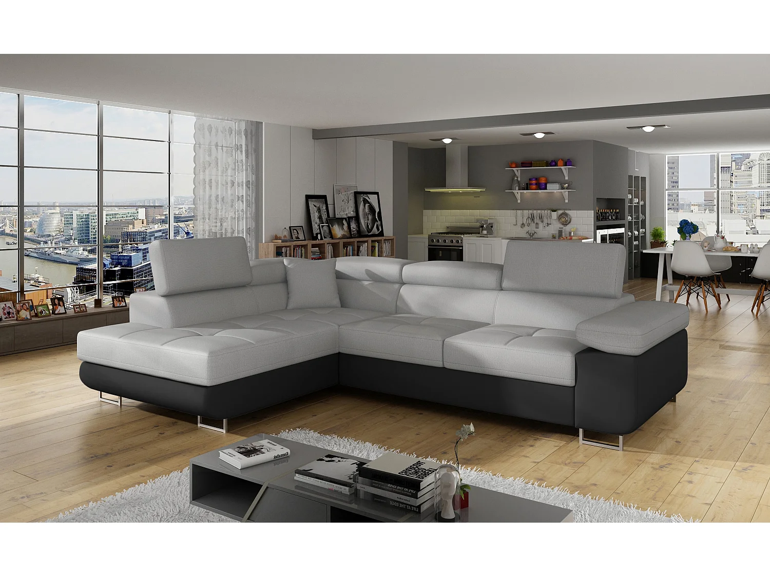 Canapé angle convertible simili cuir et tissu têtières relevables - Collection Marka-Couleur Noir/Gris clair-angle gauche