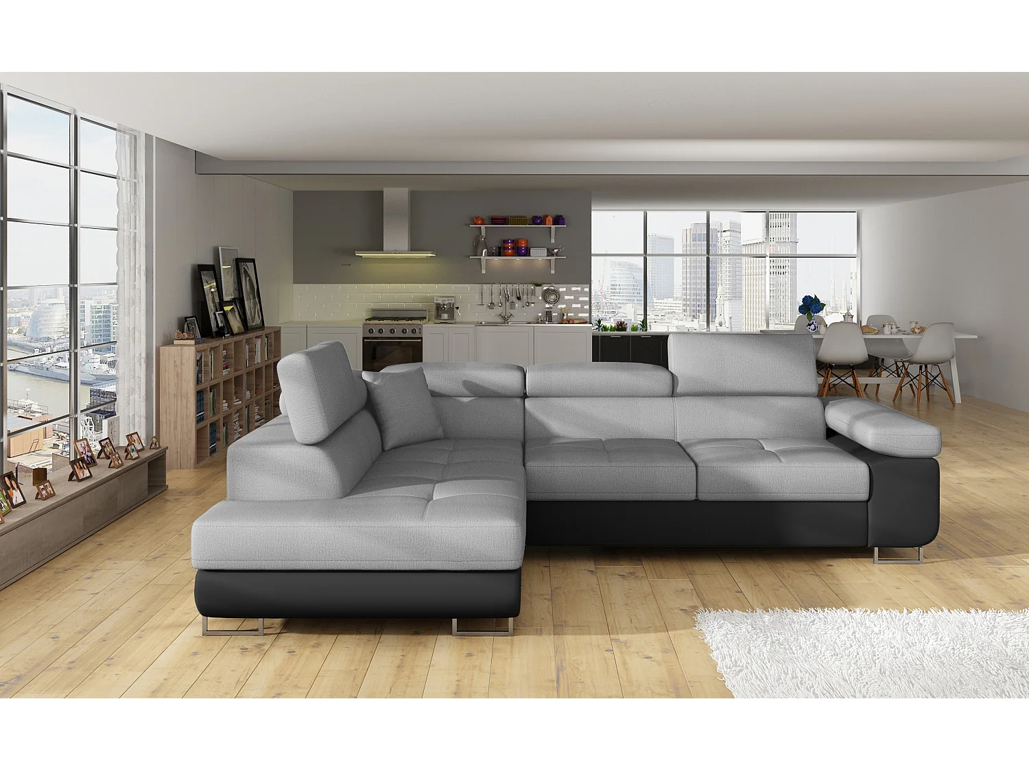 Canapé angle convertible simili cuir et tissu têtières relevables - Collection Marka-Couleur Noir/Gris clair-angle gauche