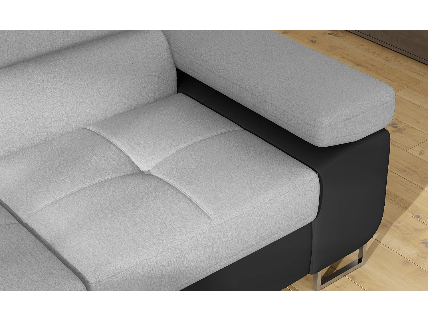 Canapé angle convertible simili cuir et tissu têtières relevables - Collection Marka-Couleur Noir/Gris clair-angle gauche