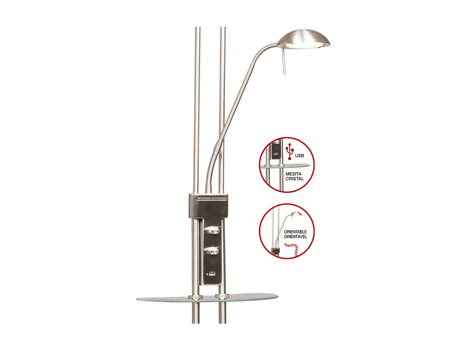 LED-Stehleuchte mit Olimpia-Regal und verstellbarem Lesearm 18W+5W H180cm - Nickel