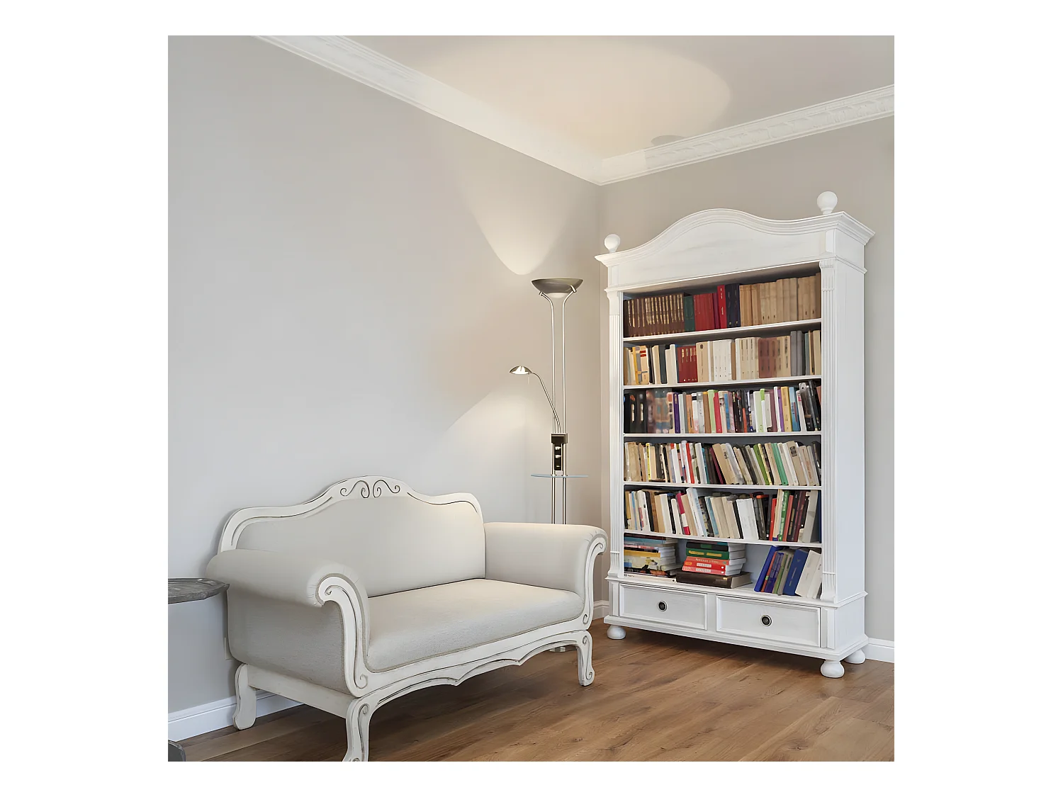 Lampadaire LED avec étagère Olimpia et bras de lecture orientable 18W+5W H180cm - Nickel