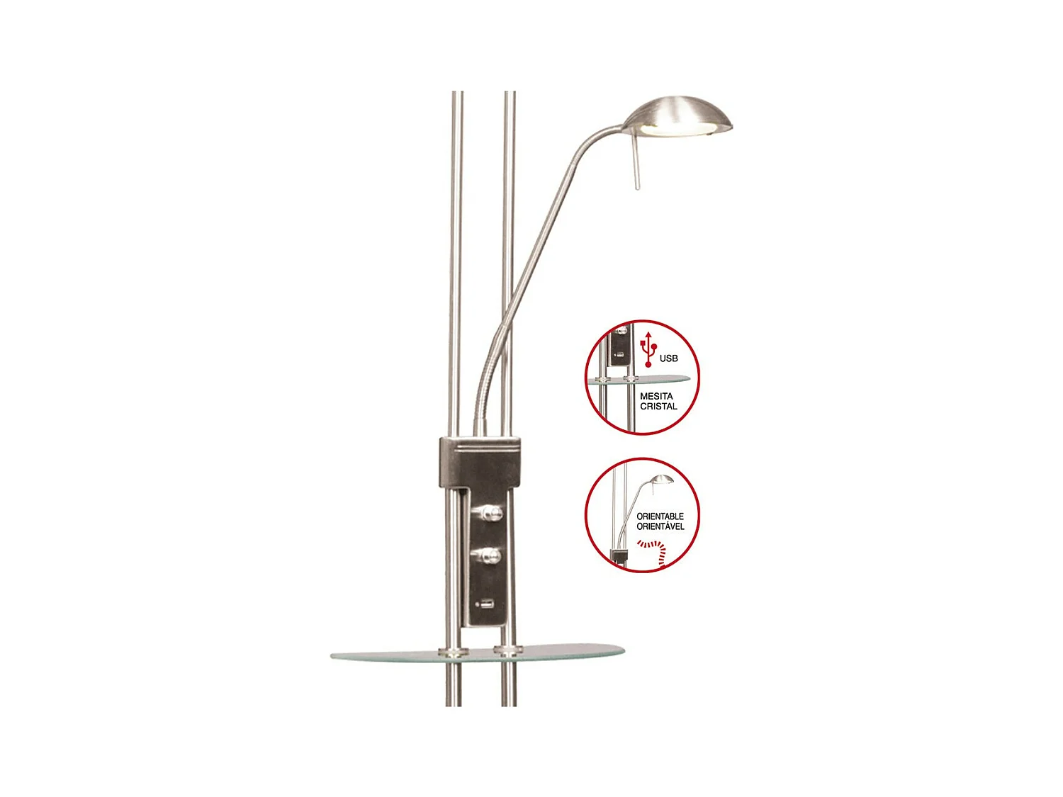 Lampada da terra a LED con mensola Olimpia e braccio lettura orientabile H180cm - Nichel