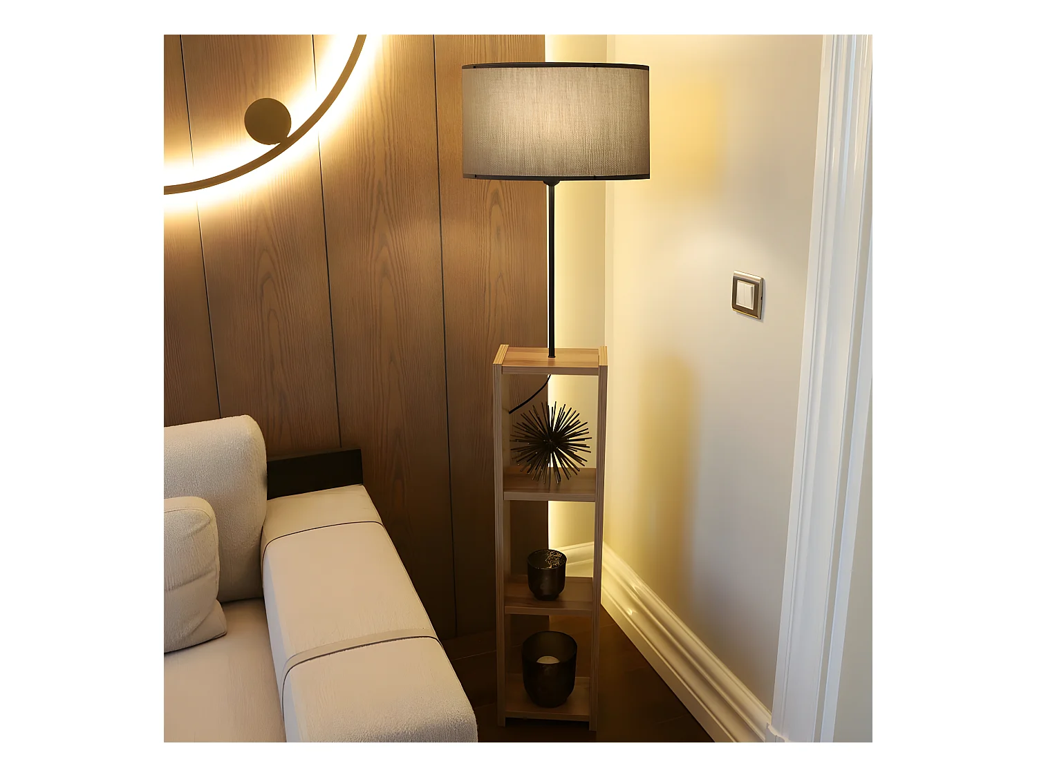 Lampadaire avec étagère en bois Diero et abat-jour en tissu 1xE27 - Gris