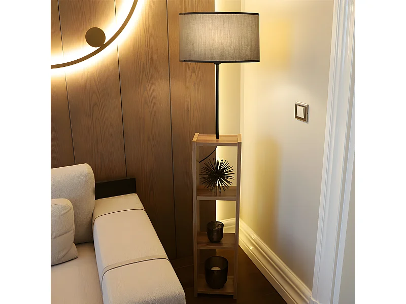 Lampadaire avec étagère en bois Diero et abat-jour en tissu 1xE27 - Gris