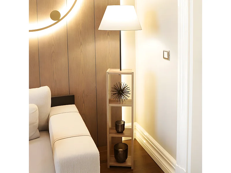 Stehlampe mit Holzregal Diero und Stofflampenschirm 1xE27 - Creme