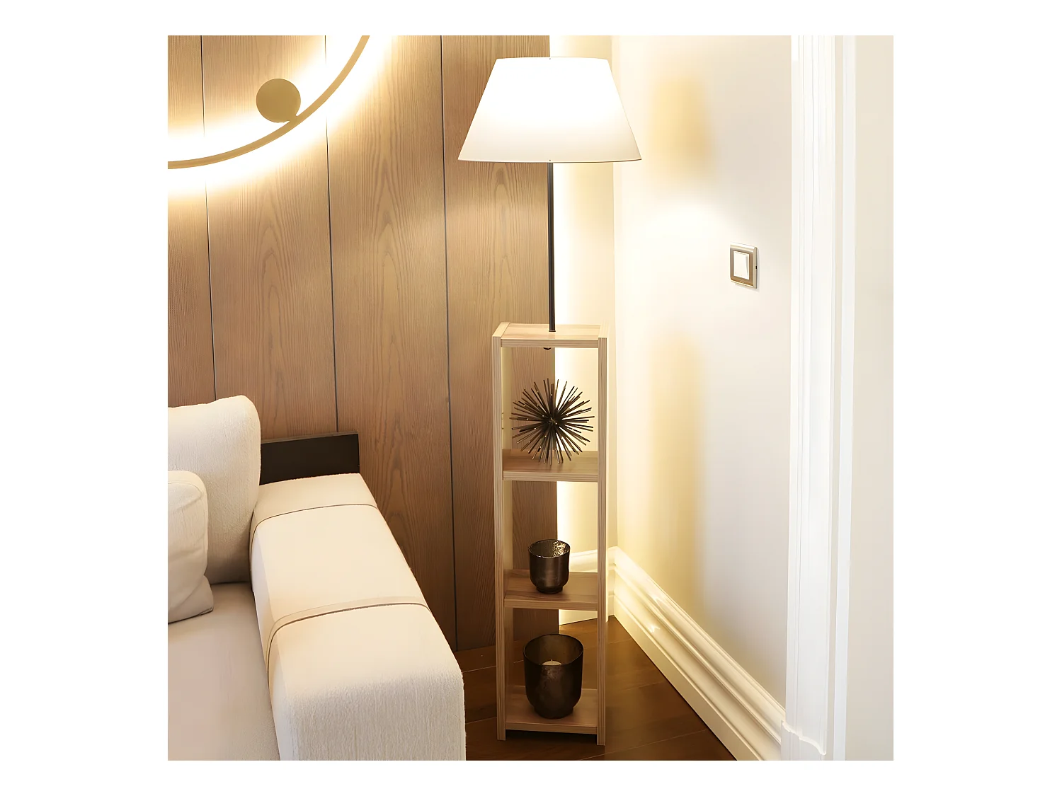 Lampadaire avec étagère en bois Diero et abat-jour en tissu 1xE27 - Crème