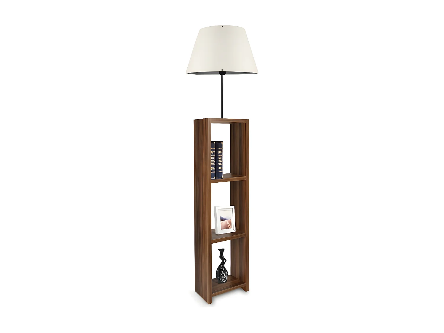 Lampadaire avec étagère en bois Diero et abat-jour en tissu 1xE27 - Crème