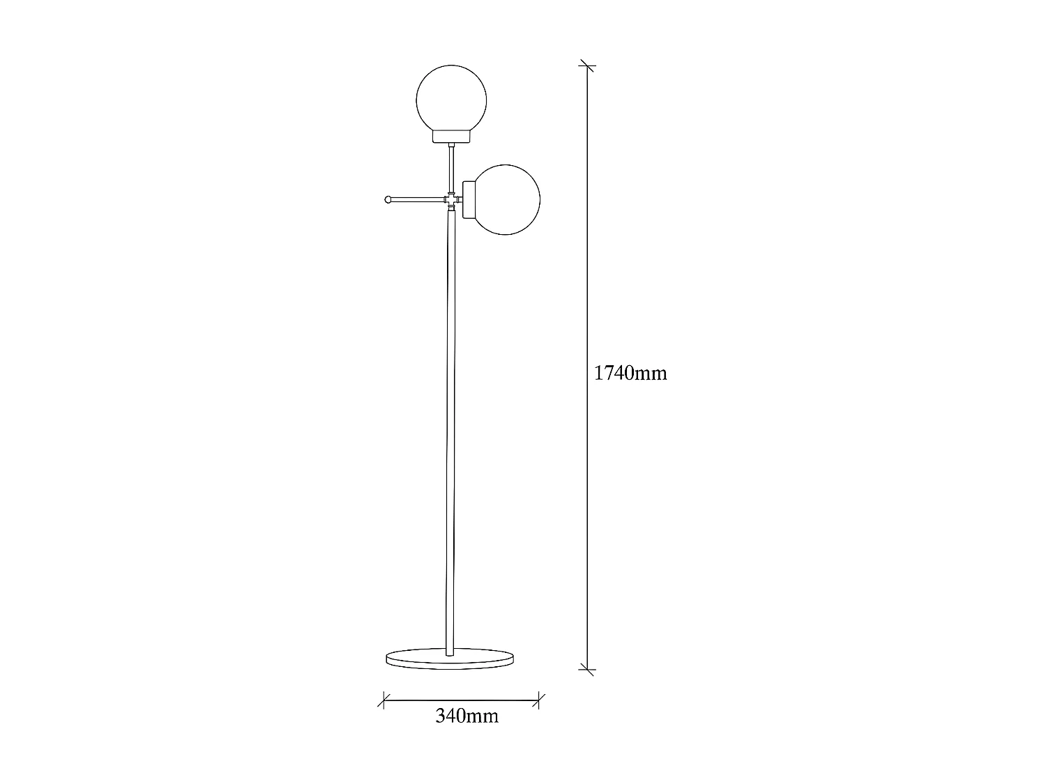 Lampadaire Garet avec structure en métal et 2 sphères en verre H174 cm 1xE27 - Doré