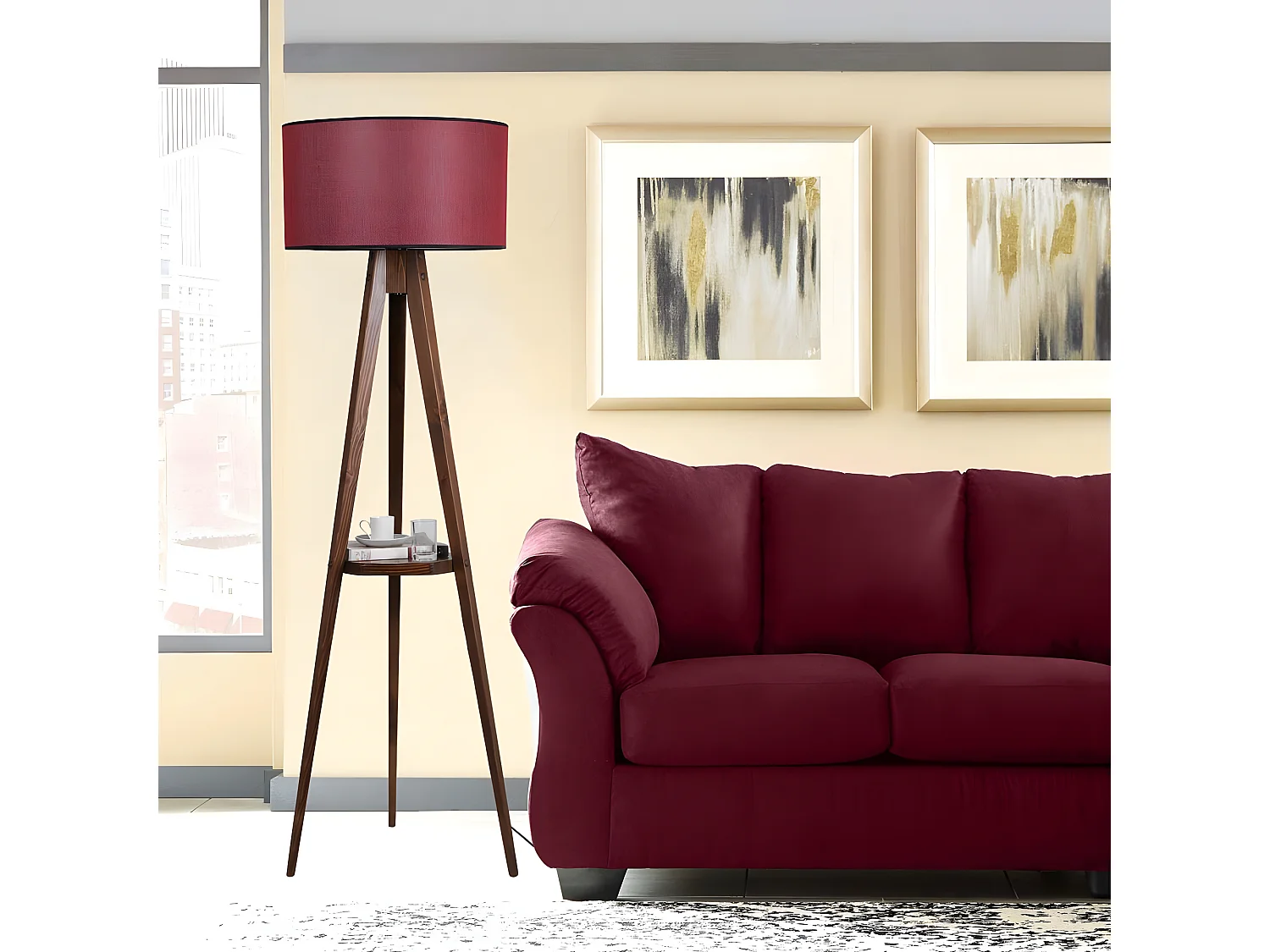 Lámpara con trípode y repisa de madera Grady y pantalla de tela H153cm 1xE27 - Rojo