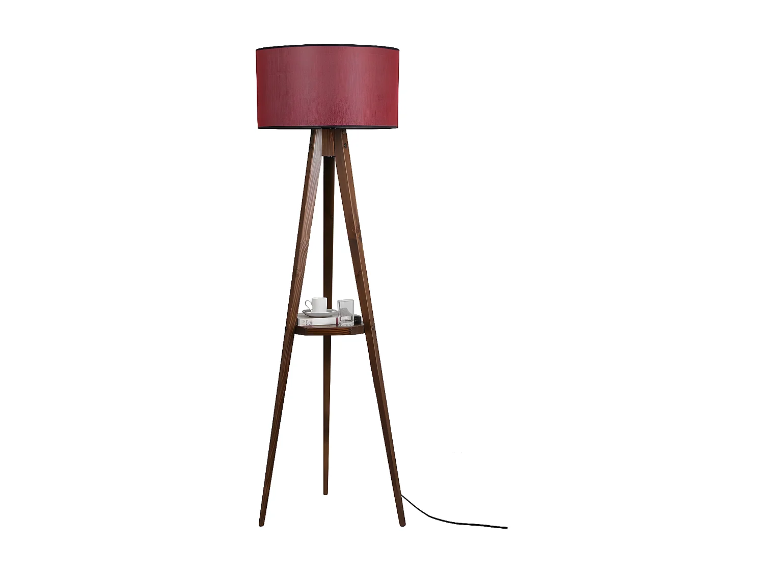 Lámpara con trípode y repisa de madera Grady y pantalla de tela H153cm 1xE27 - Rojo