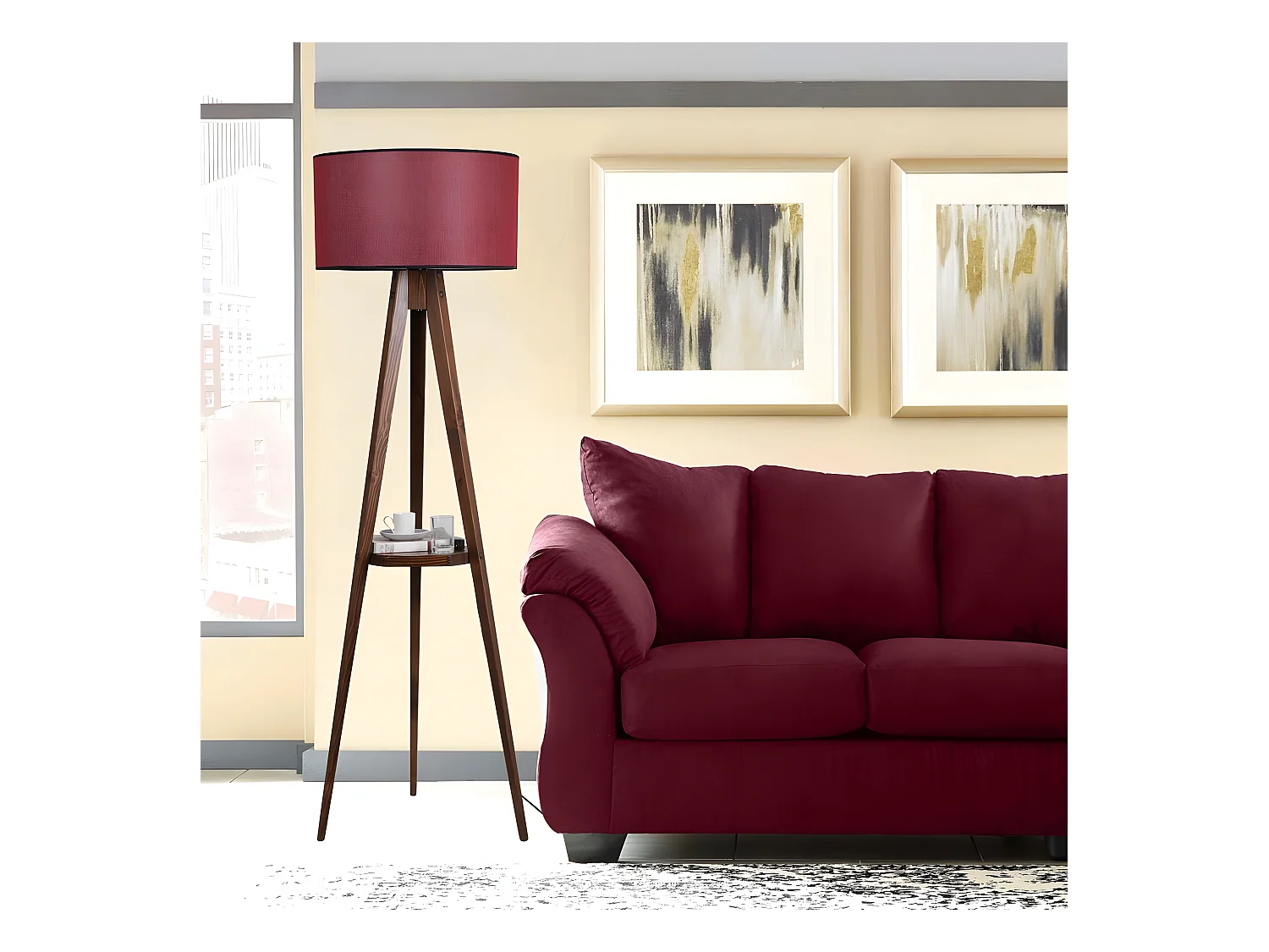 Lampe avec trépied et étagère en bois Grady et abat-jour en tissu H153cm 1xE27 - Rouge