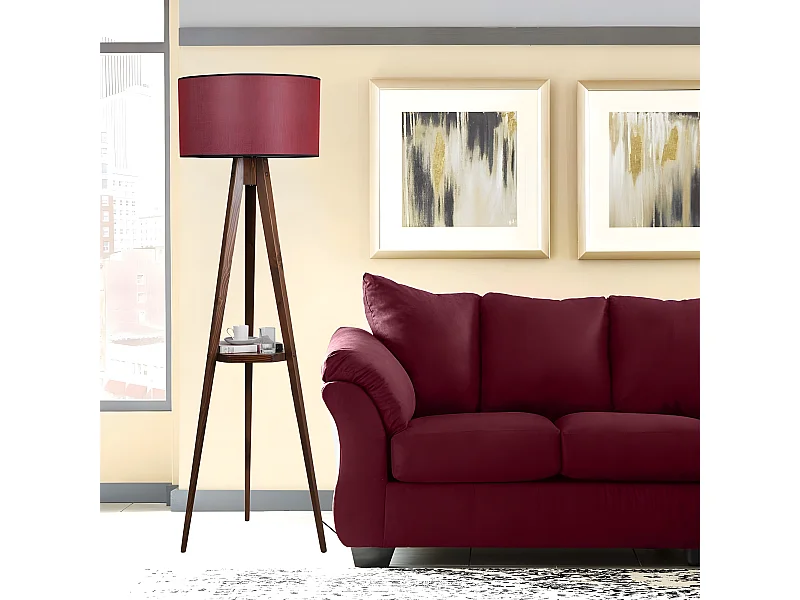 Lampe avec trépied et étagère en bois Grady et abat-jour en tissu H153cm 1xE27 - Rouge