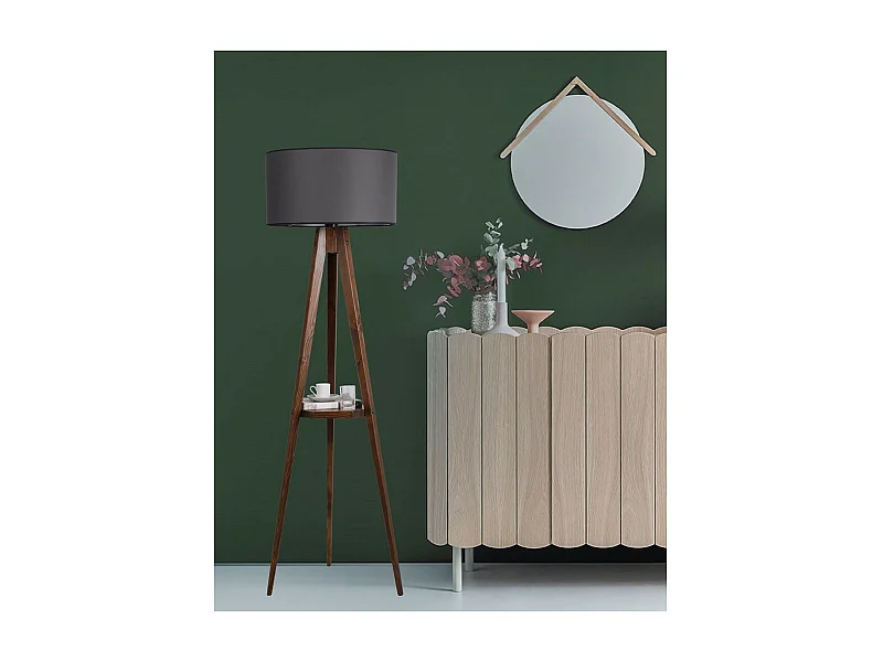 Lampe avec trépied et étagère en bois Grady et abat-jour en tissu H153cm 1xE27 - Gris