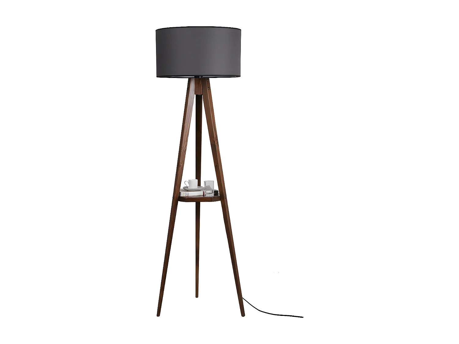 Lamp met statief en Grady houten plank en stoffen kap H153cm 1xE27 - Grijs