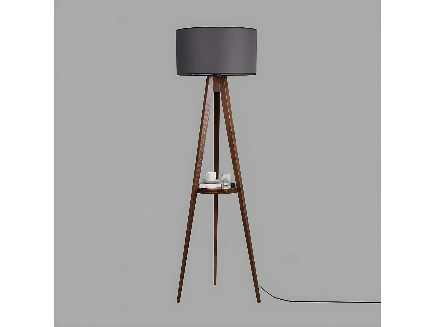 Lamp met statief en Grady houten plank en stoffen kap H153cm 1xE27 - Grijs