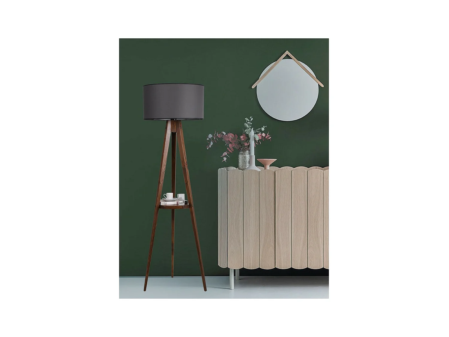 Lampe avec trépied et étagère en bois Grady et abat-jour en tissu H153cm 1xE27 - Gris