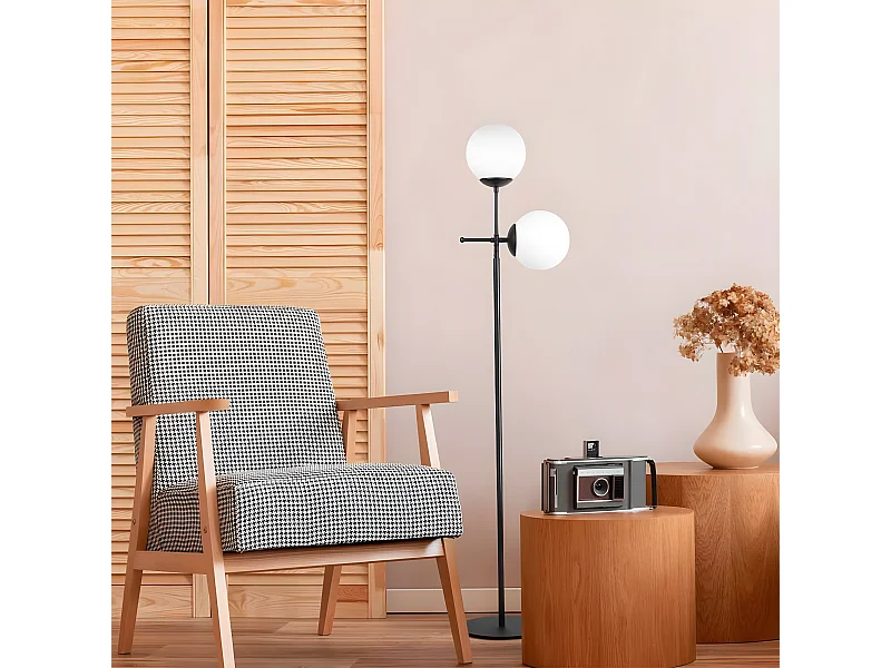 Garet vloerlamp met metalen structuur en 2 glazen bollen H174 cm 1xE27 - Zwart
