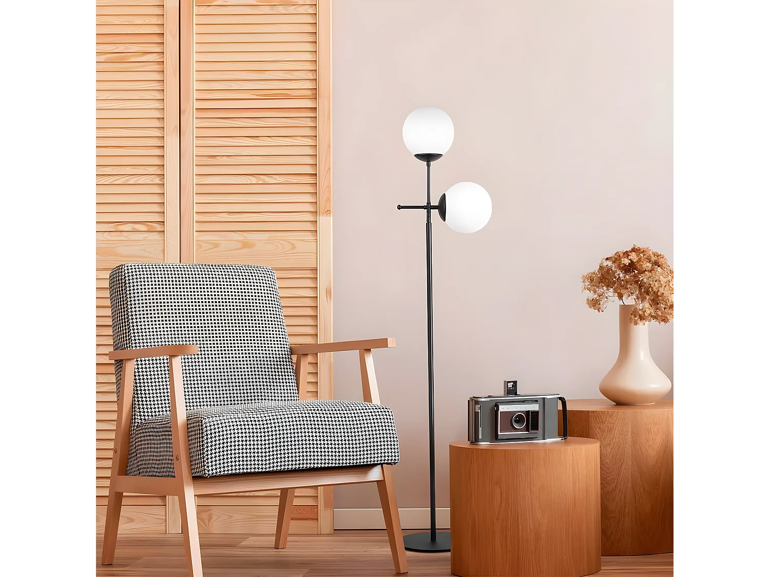 Lámpara de pie Garet con estructura de metal y 2 esferas de cristal H174 cm 1xE27 - Negro