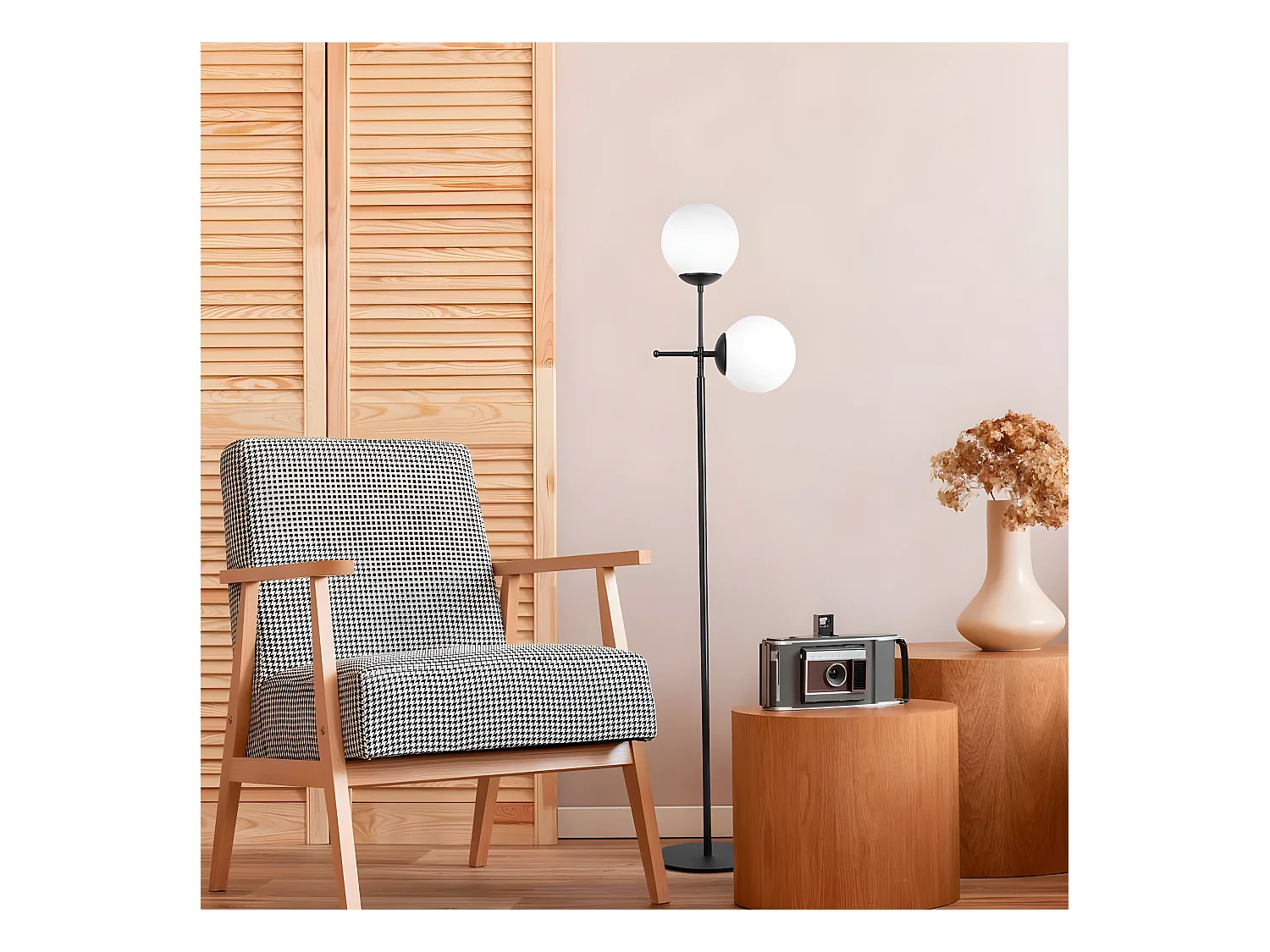 Lampadaire Garet avec structure en métal et 2 sphères en verre H174 cm 1xE27 - Noir