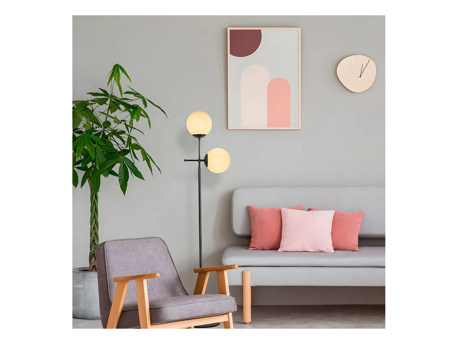 Lampadaire Garet avec structure en métal et 2 sphères en verre H174 cm 1xE27 - Noir