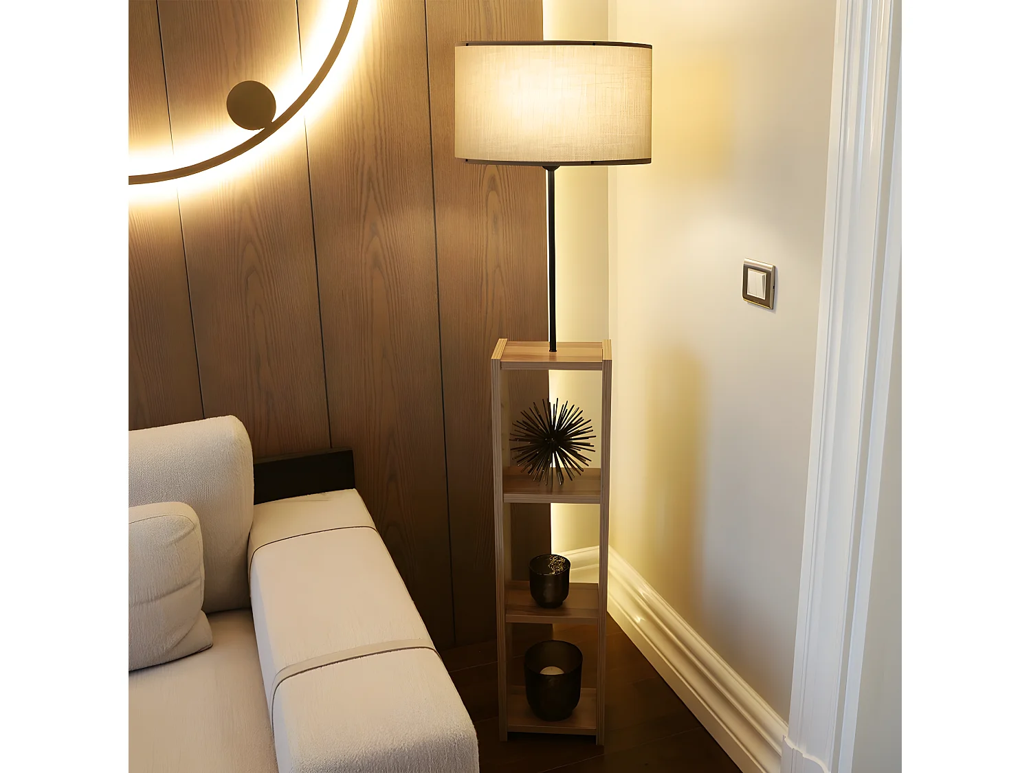 Lampada da terra con mensola in legno Diero e paralume in tessuto 1xE27 - Visone